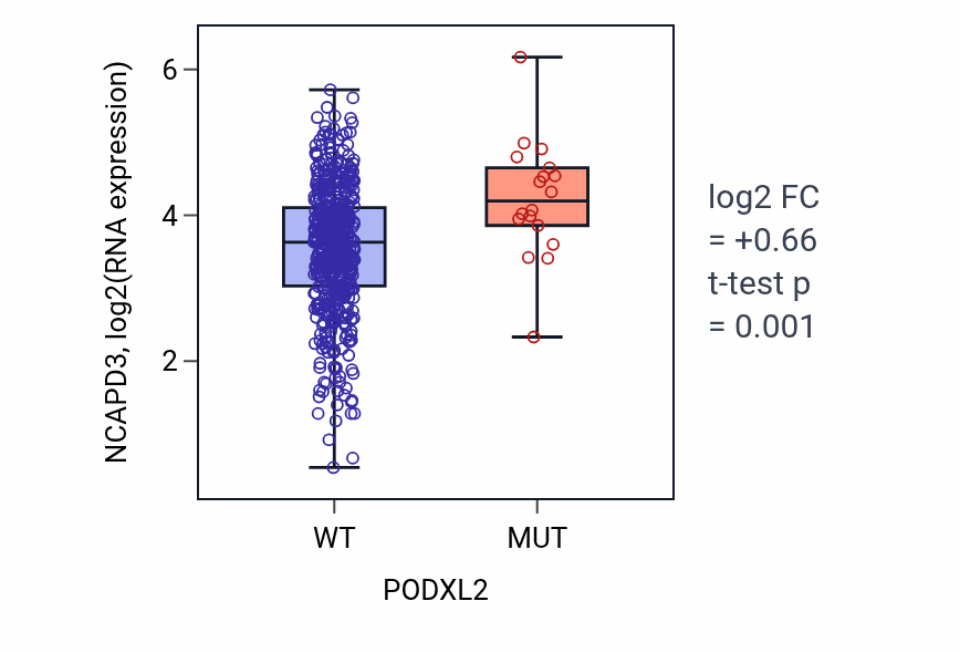 Box plot of NCAPD3 in PODXL2-low vs PODXL2-high samples in UCEC.