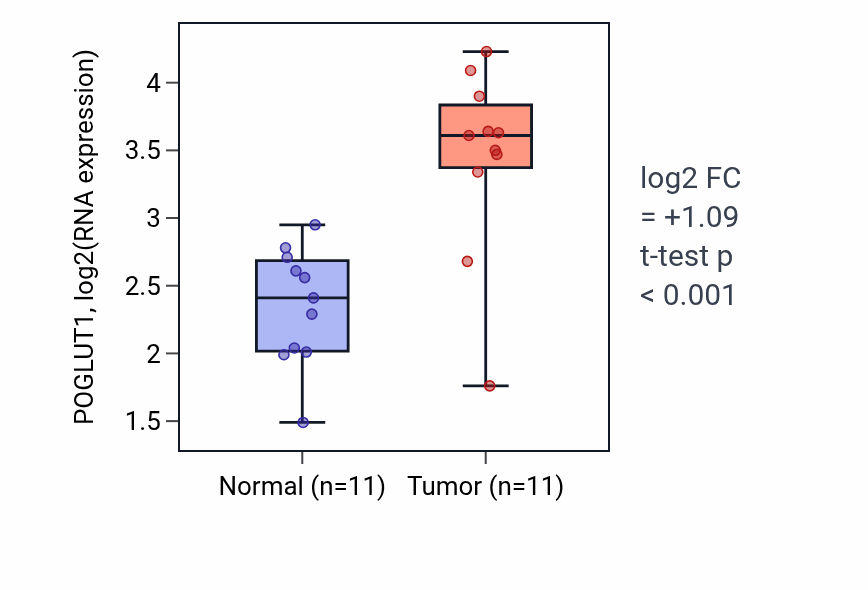 Tumor-vs-normal expression box plot for POGLUT1 RNA in HNSC.