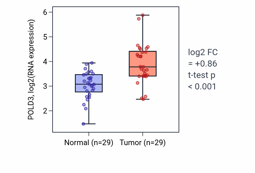 Tumor-vs-normal expression box plot for POLD3 RNA in HNSC.