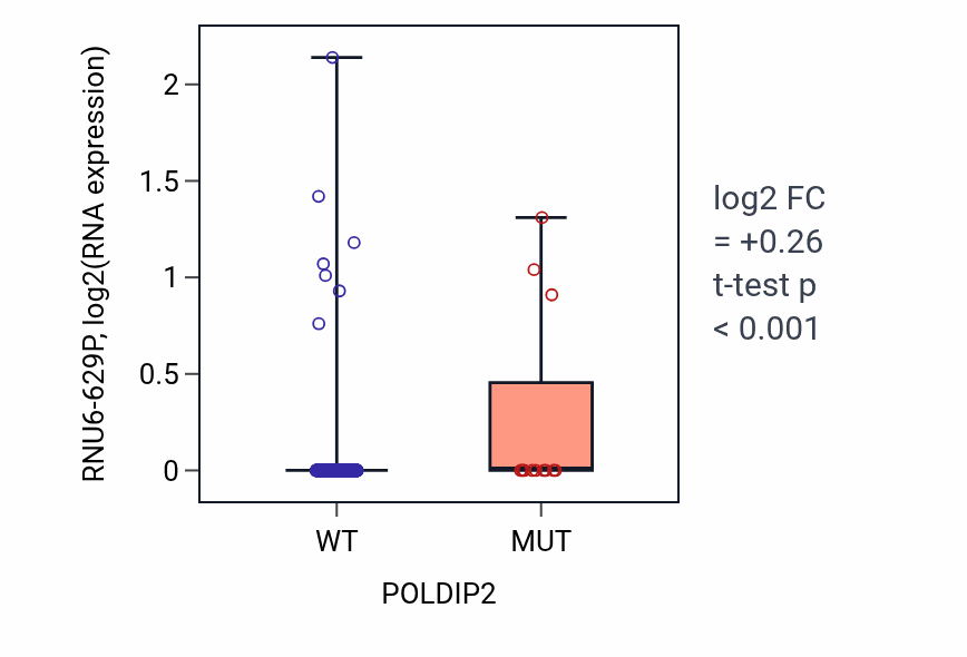 Box plot of RNU6-629P in POLDIP2-low vs POLDIP2-high samples in UCEC.