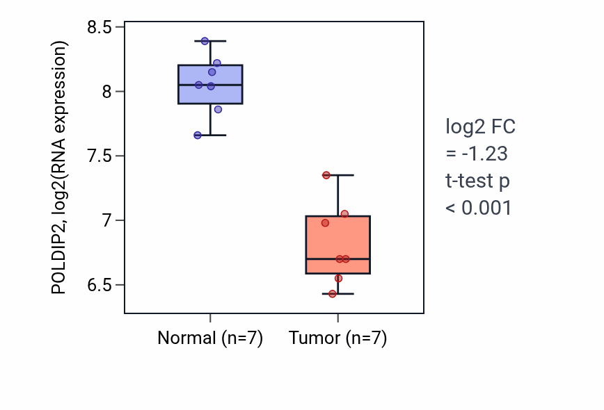 Tumor-vs-normal expression box plot for POLDIP2 RNA in KICH.
