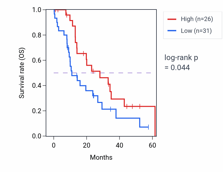 Kaplan&ndash;Meier survival curve for POLDIP3 mass-spec protein-high vs -low samples in PDAC.