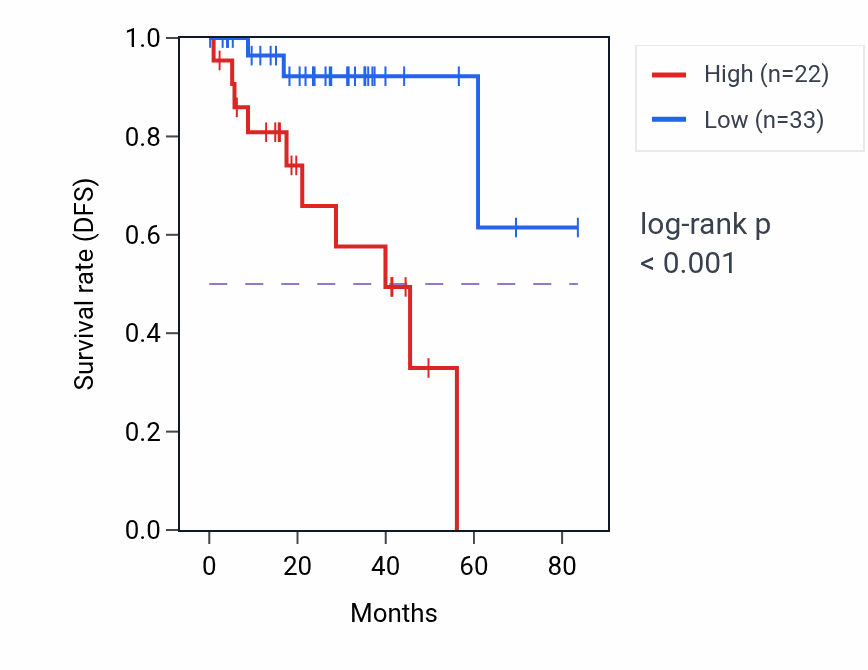 Kaplan&ndash;Meier survival curve for POLHP1 RNA expression in THCA: high vs low expression groups.