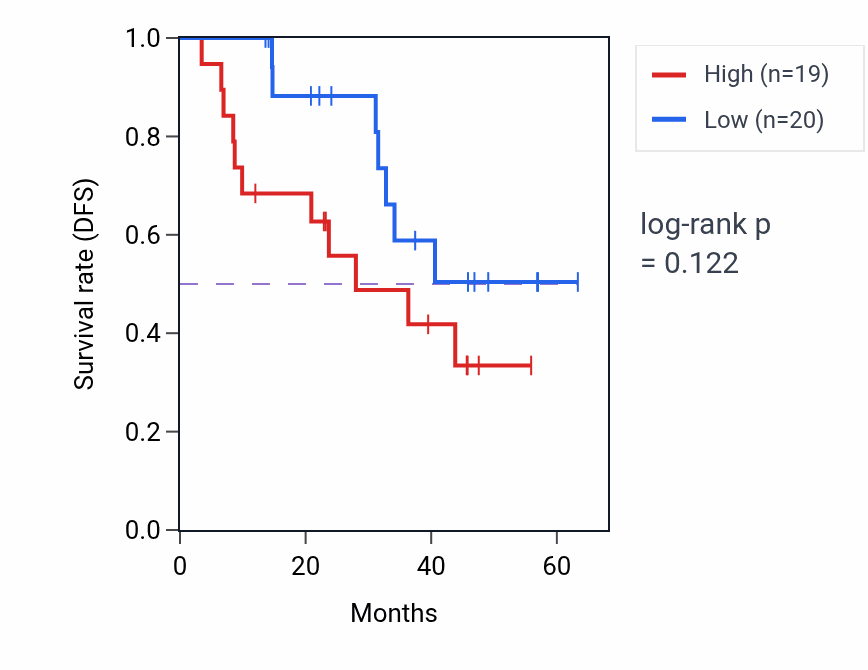 Kaplan&ndash;Meier survival curve for POLK mass-spec protein-high vs -low samples in HNSC.