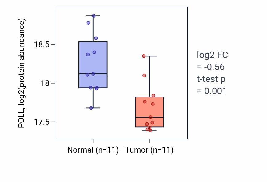 Tumor-vs-normal mass-spec protein box plot for POLL in PDAC.