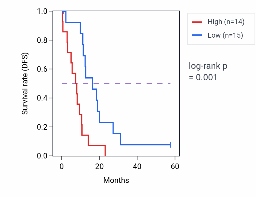 Kaplan&ndash;Meier survival curve for POLR1B mass-spec protein-high vs -low samples in PDAC.