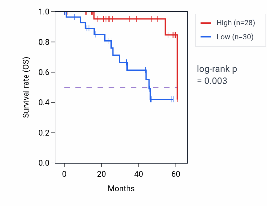 Kaplan&ndash;Meier survival curve for POLR1C mass-spec protein-high vs -low samples in LSCC.