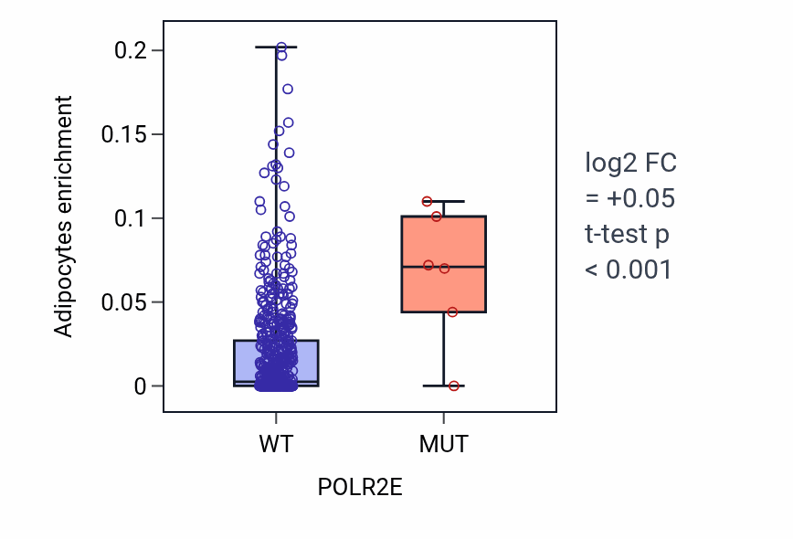 Box plot of Adipocytes in POLR2E-low vs POLR2E-high samples in UCEC.
