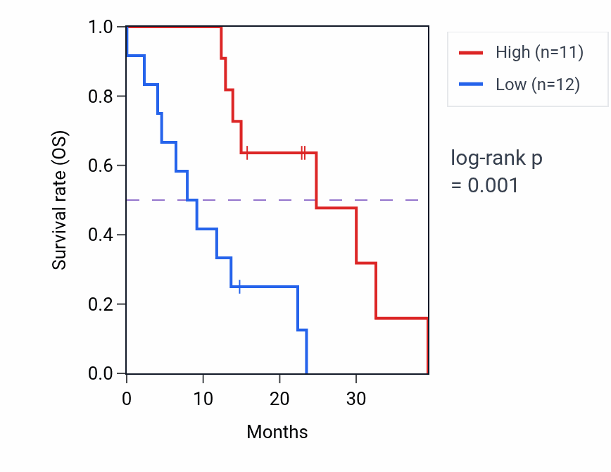 Kaplan&ndash;Meier survival curve for POLR2I mass-spec protein-high vs -low samples in PDAC.