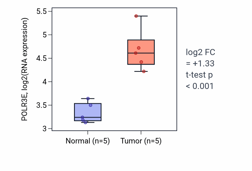 Tumor-vs-normal expression box plot for POLR3E RNA in COAD.