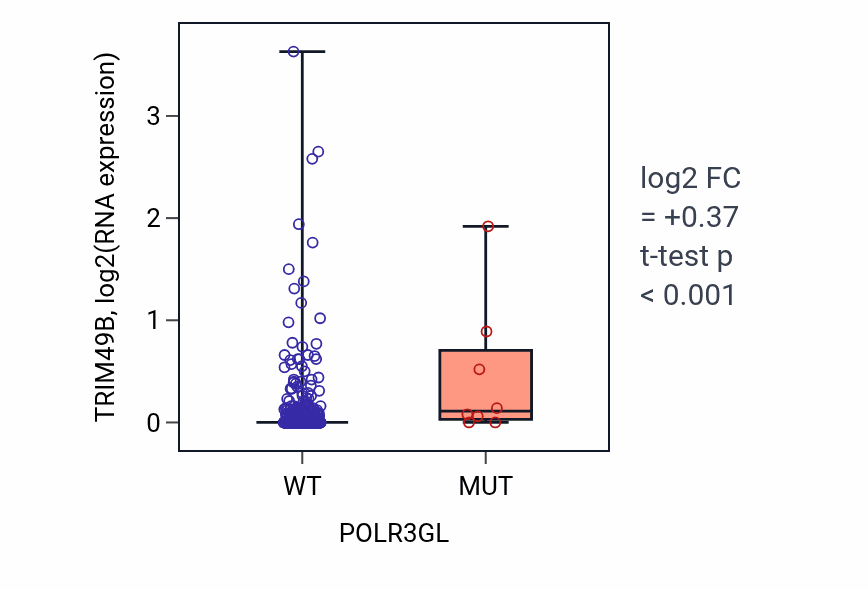 Box plot of TRIM49B in POLR3GL-low vs POLR3GL-high samples in UCEC.