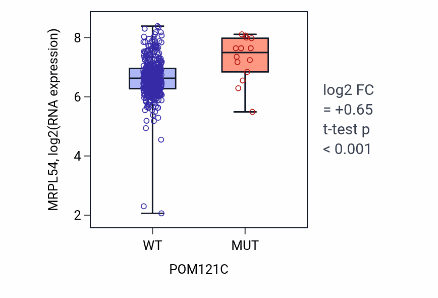 Box plot of MRPL54 in POM121C-low vs POM121C-high samples in COAD.