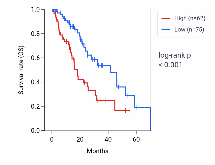 Kaplan&ndash;Meier survival curve for POM121L2 RNA-high vs -low samples in ESCA.