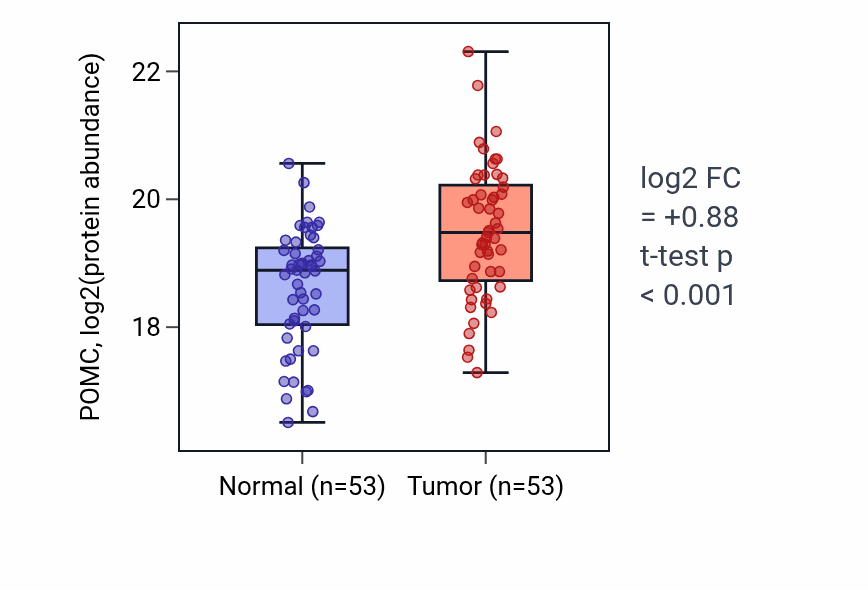 Tumor-vs-normal mass-spec protein box plot for POMC in LSCC.