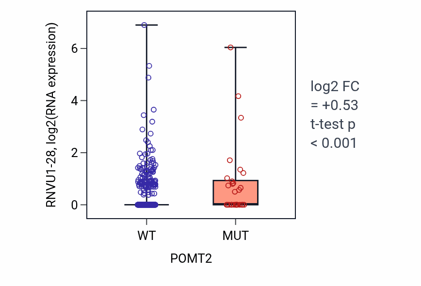 Box plot of RNVU1-28 in POMT2-low vs POMT2-high samples in UCEC.