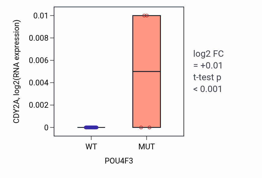 Box plot of CDY2A in POU4F3-low vs POU4F3-high samples in BLOOD_Lymphoma.