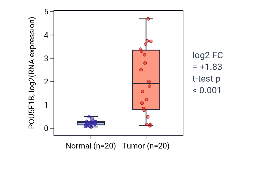 Tumor-vs-normal expression box plot for POU5F1B in COAD.
