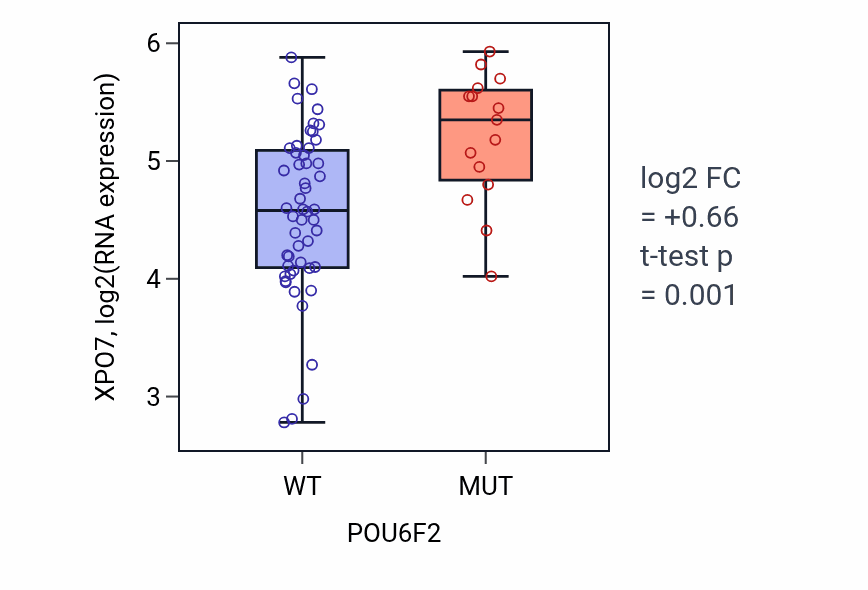 Box plot of XPO7 in POU6F2-low vs POU6F2-high samples in LARGE_INTESTINE.