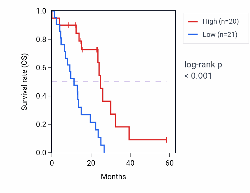 Kaplan&ndash;Meier survival curve for PPA2 mass-spec protein-high vs -low samples in PDAC.