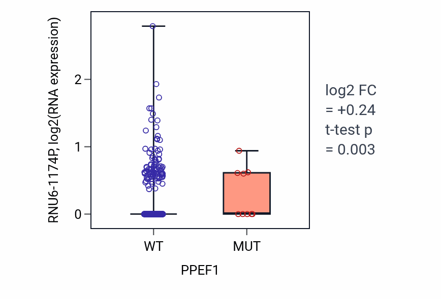 Box plot of RNU6-1174P in PPEF1-low vs PPEF1-high samples in BRCA.