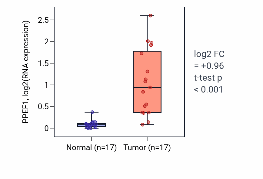 Tumor-vs-normal expression box plot for PPEF1 RNA in HNSC.