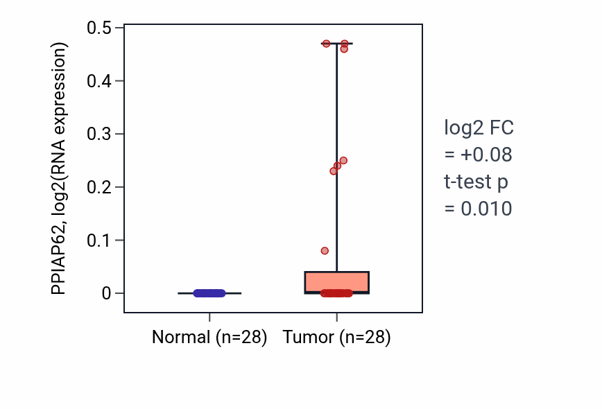 Tumor-vs-normal expression box plot for PPIAP62 in LUAD.