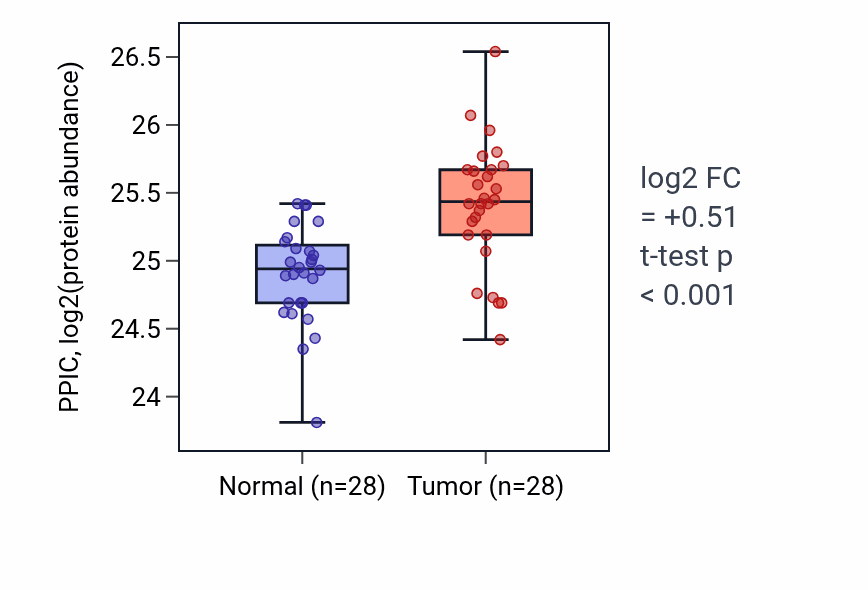 Tumor-vs-normal mass-spec protein box plot for PPIC in COAD.