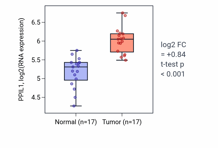 Tumor-vs-normal expression box plot for PPIL1 RNA in HNSC.