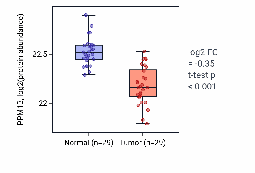 Tumor-vs-normal mass-spec protein box plot for PPM1B in CCRCC.