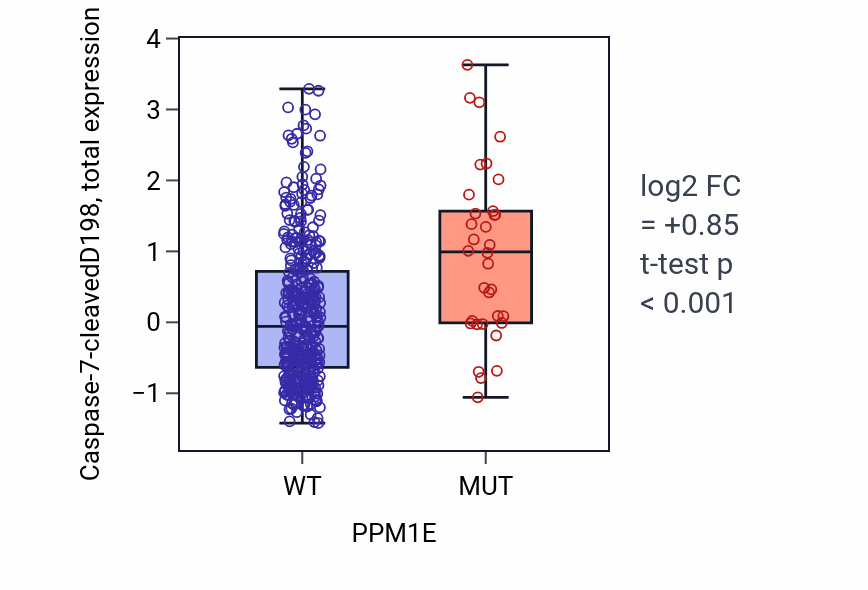 Box plot of Caspase-7-cleavedD198 in PPM1E-low vs PPM1E-high samples in UCEC.