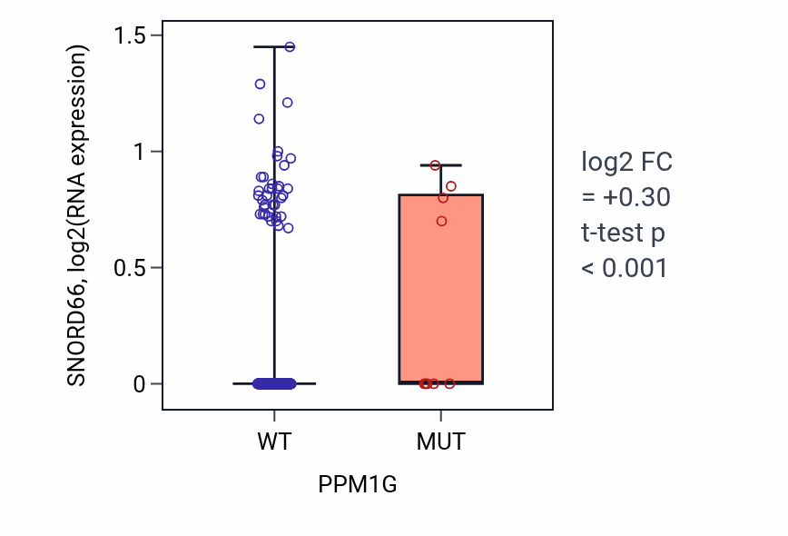 Box plot of SNORD66 in PPM1G-low vs PPM1G-high samples in SKCM.