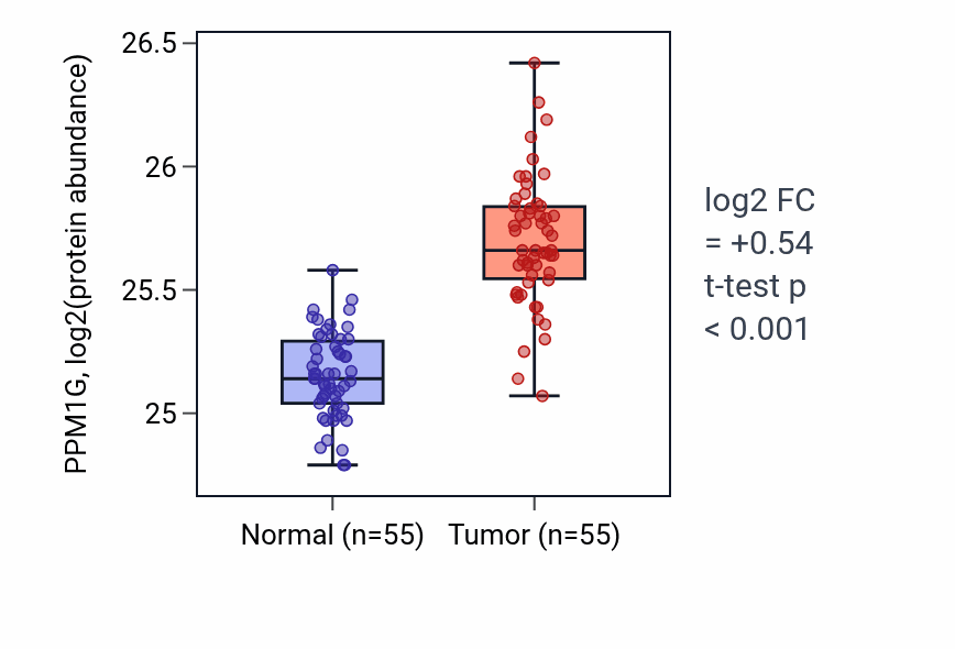 Tumor-vs-normal mass-spec protein box plot for PPM1G in COAD.