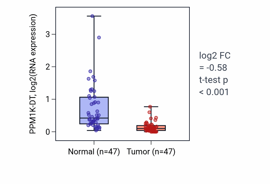 Tumor-vs-normal expression box plot for PPM1K-DT in KIRC.