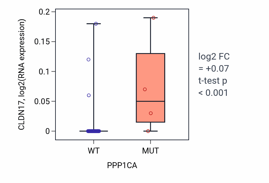 Box plot of CLDN17 in PPP1CA-low vs PPP1CA-high samples in LARGE_INTESTINE.