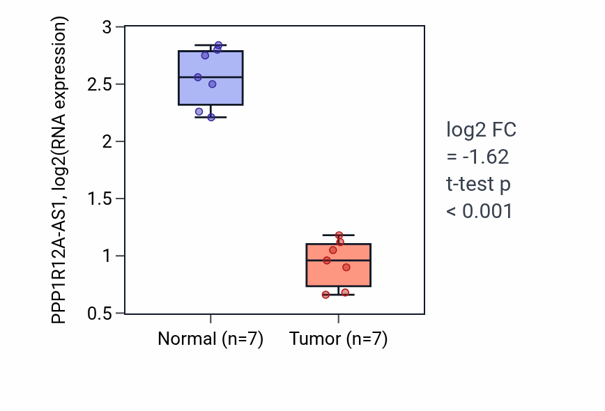 Tumor-vs-normal expression box plot for PPP1R12A-AS1 in THCA.