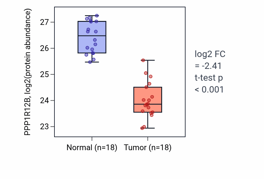 Tumor-vs-normal mass-spec protein box plot for PPP1R12B in COAD.