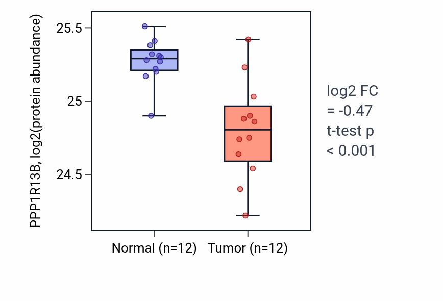 Tumor-vs-normal mass-spec protein box plot for PPP1R13B in CCRCC.