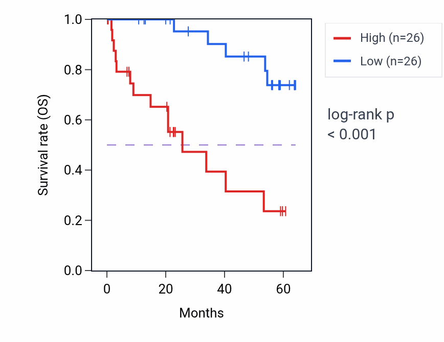 Kaplan&ndash;Meier survival curve for PPP1R14B mass-spec protein-high vs -low samples in CCRCC.