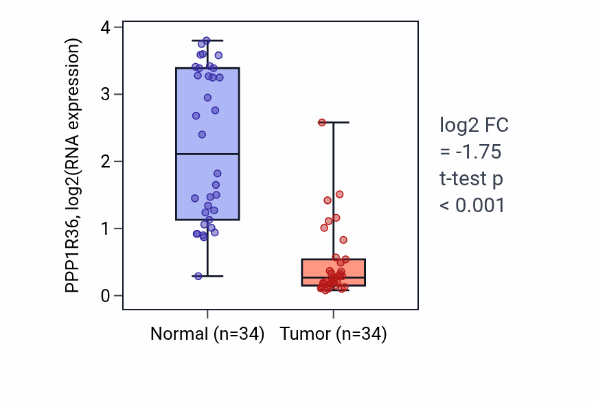 Tumor-vs-normal expression box plot for PPP1R36 RNA in KIRC.