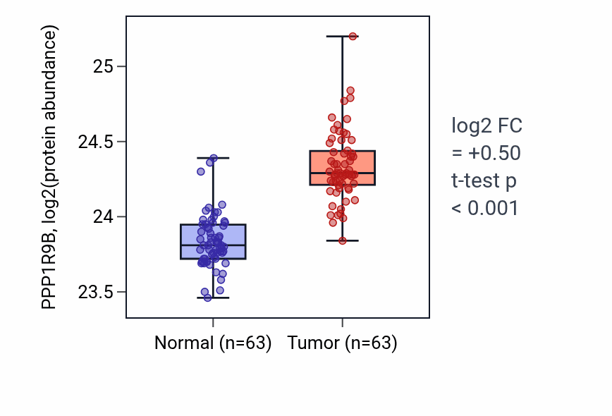 Tumor-vs-normal mass-spec protein box plot for PPP1R9B in CCRCC.
