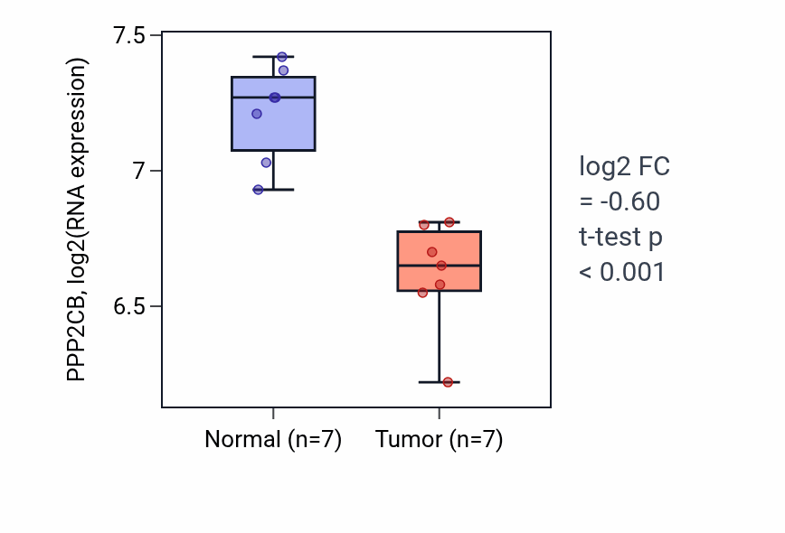 Tumor-vs-normal expression box plot for PPP2CB RNA in THCA.