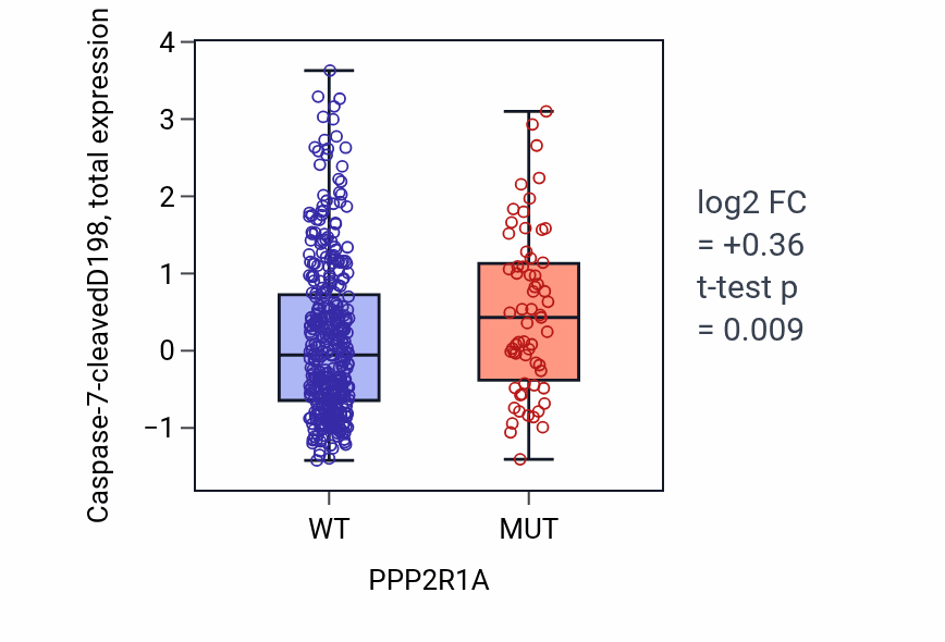 Box plot of Caspase-7-cleavedD198 in PPP2R1A-low vs PPP2R1A-high samples in UCEC.