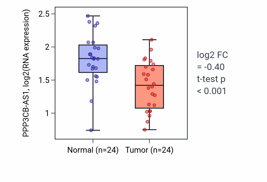 Tumor-vs-normal expression box plot for PPP3CB-AS1 in KIRC.