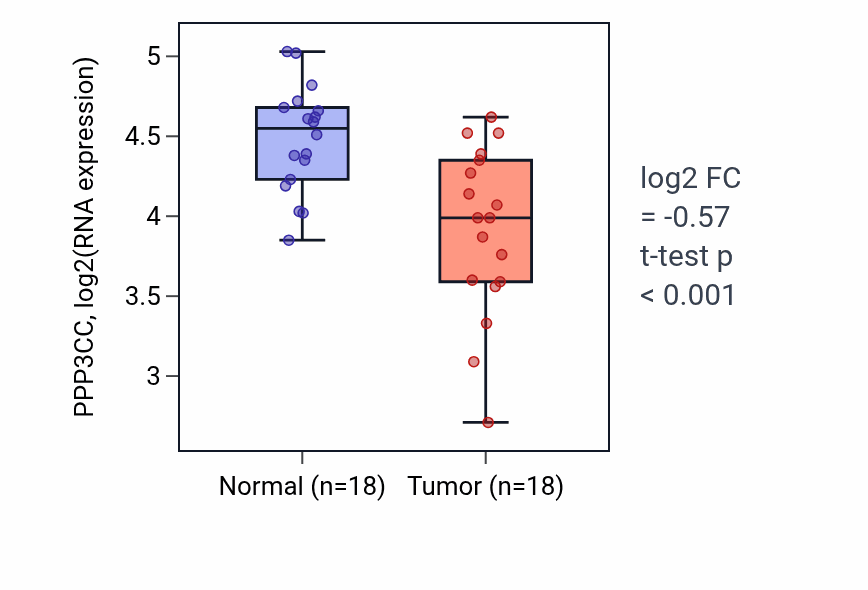 Tumor-vs-normal expression box plot for PPP3CC RNA in BLCA.