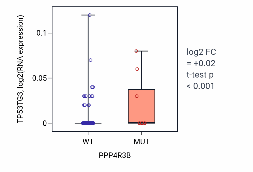 Box plot of TP53TG3 in PPP4R3B-low vs PPP4R3B-high samples in BLCA.