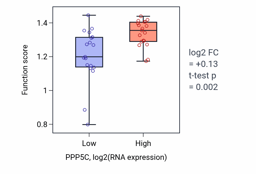 Box plot of DNA strand elongation involved in DNA replication in PPP5C-low vs PPP5C-high samples in BONE.