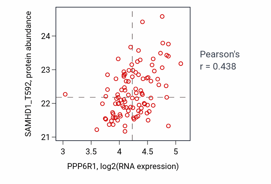 Per-sample scatter of PPP6R1 vs SAMHD1_T592 in CCRCC (Pearson r = 0.44).