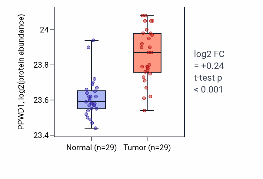 Tumor-vs-normal mass-spec protein box plot for PPWD1 in CCRCC.