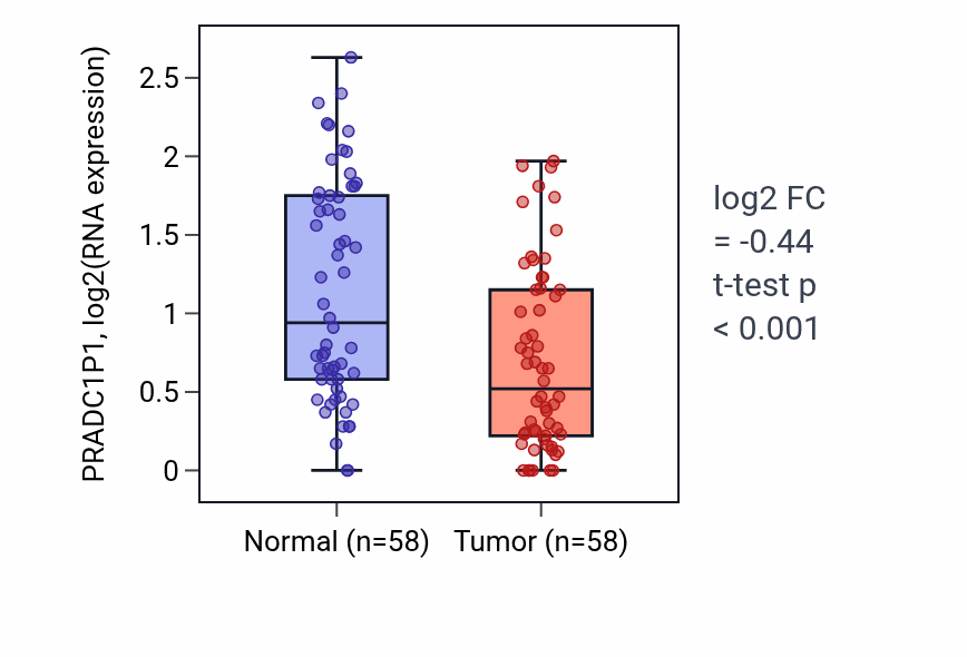 Tumor-vs-normal expression box plot for PRADC1P1 in THCA.