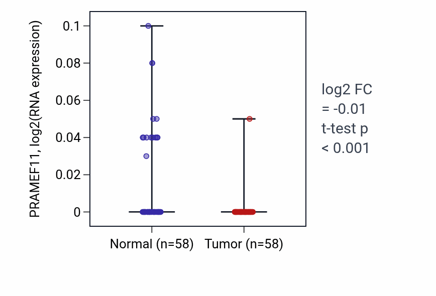 Tumor-vs-normal expression box plot for PRAMEF11 in THCA.